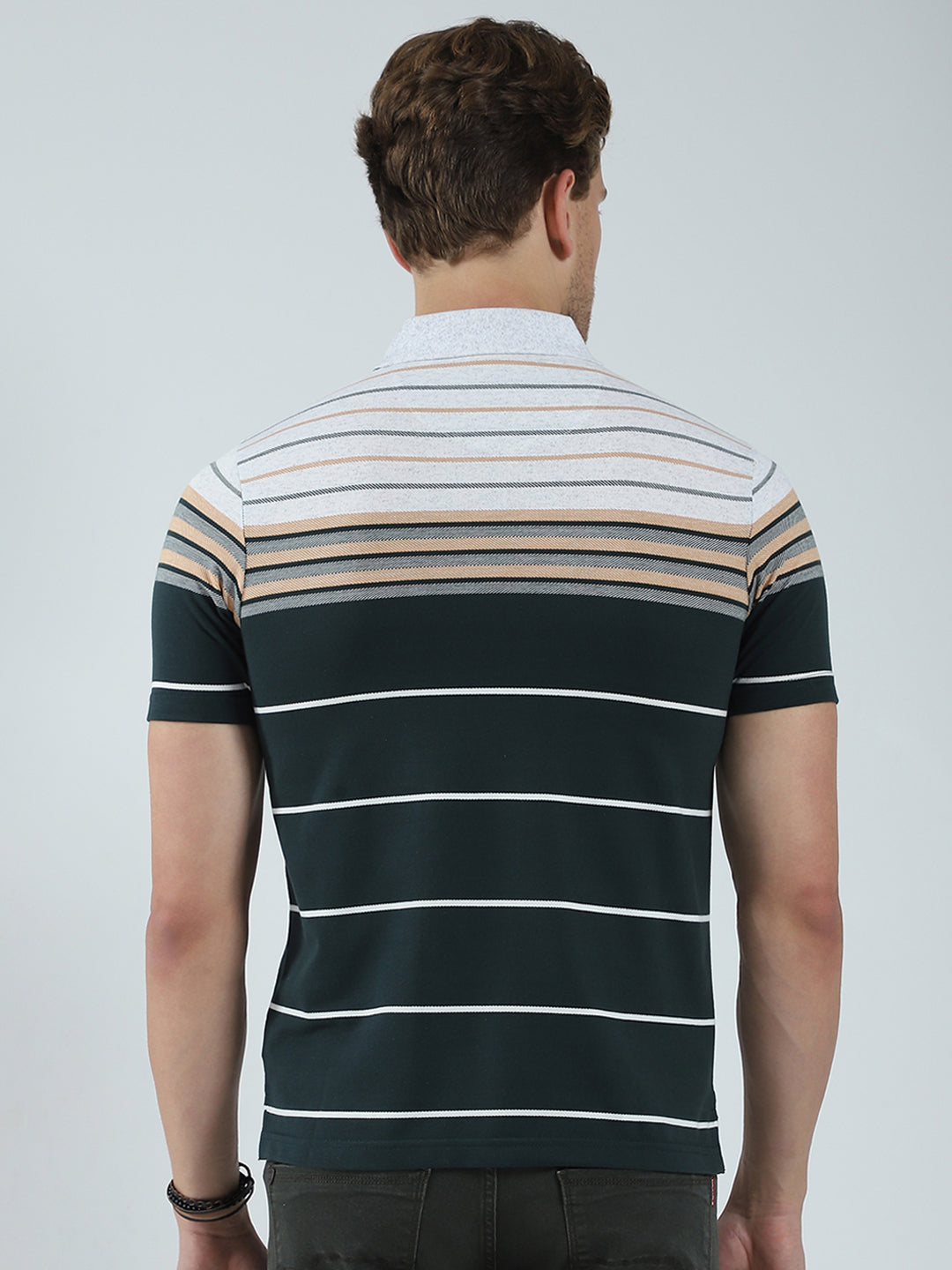 Men Green Stripe Collar Half Sleeve T-Shirt