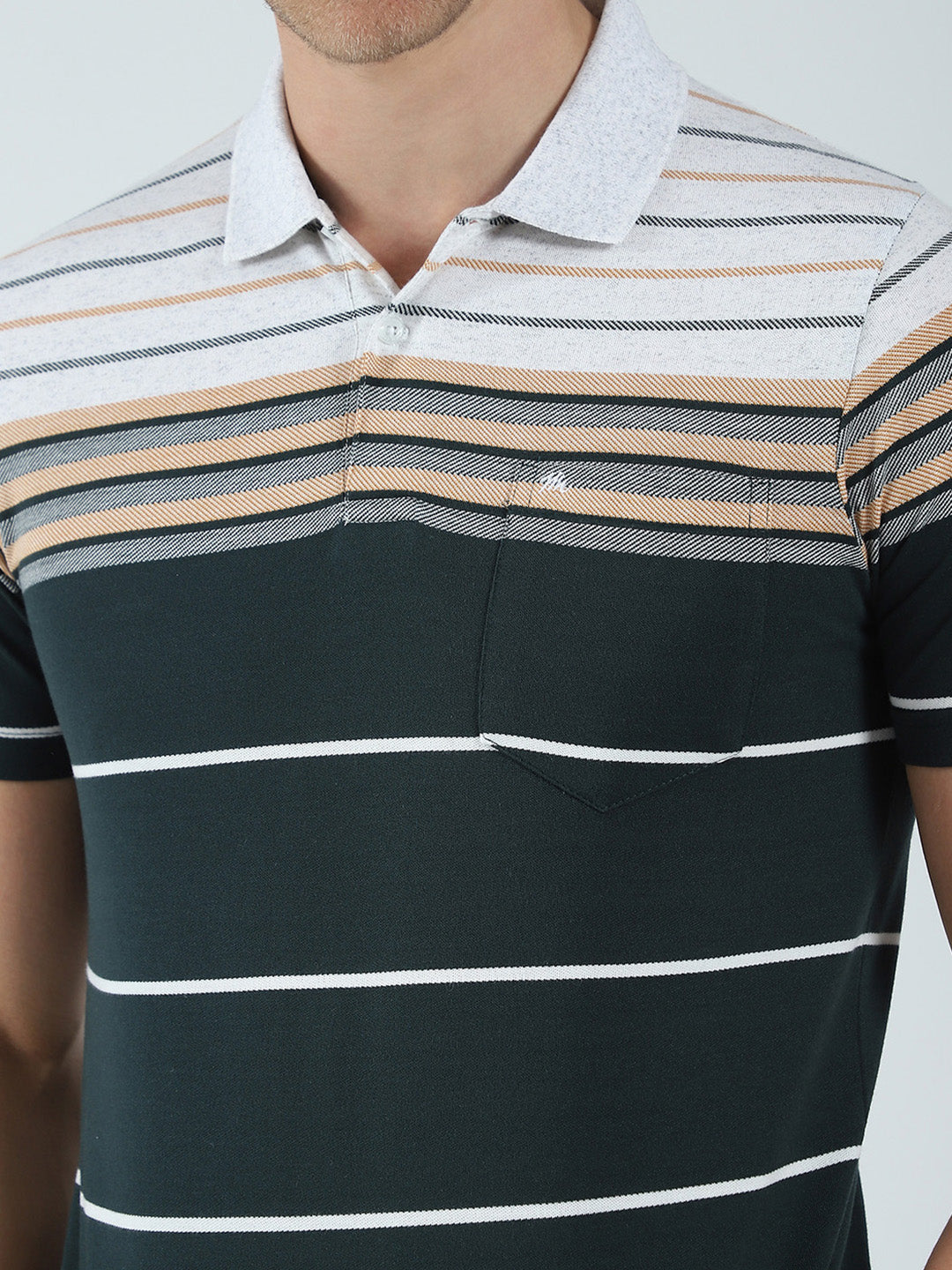 Men Green Stripe Collar Half Sleeve T-Shirt