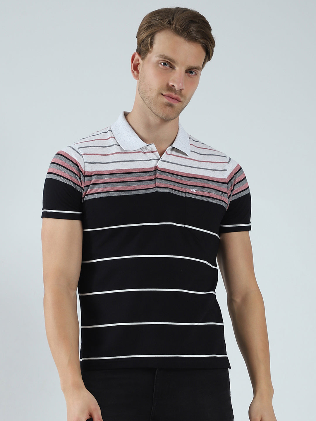 Men Black Stripe Collar Half Sleeve T-Shirt
