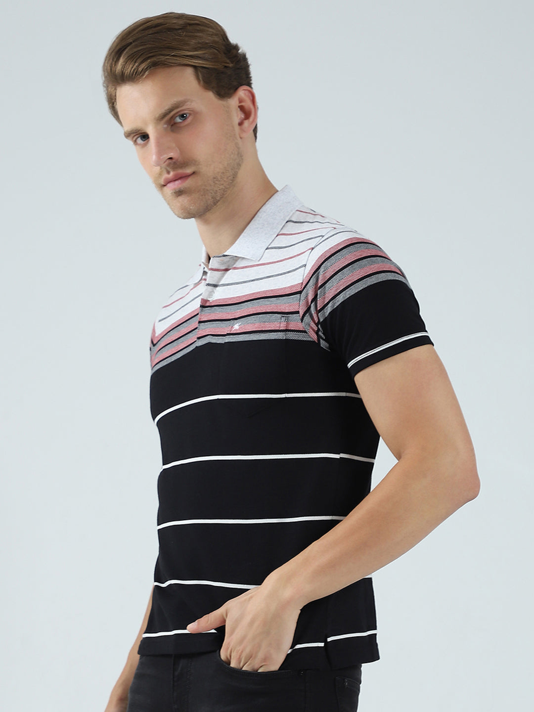 Men Black Stripe Collar Half Sleeve T-Shirt