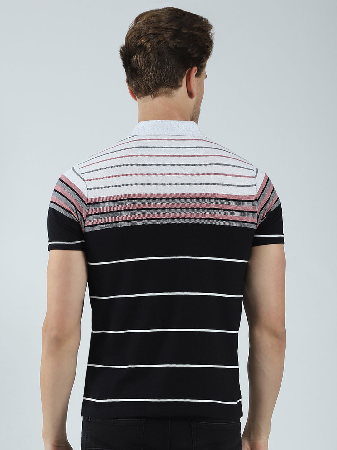 Men Black Stripe Collar Half Sleeve T-Shirt
