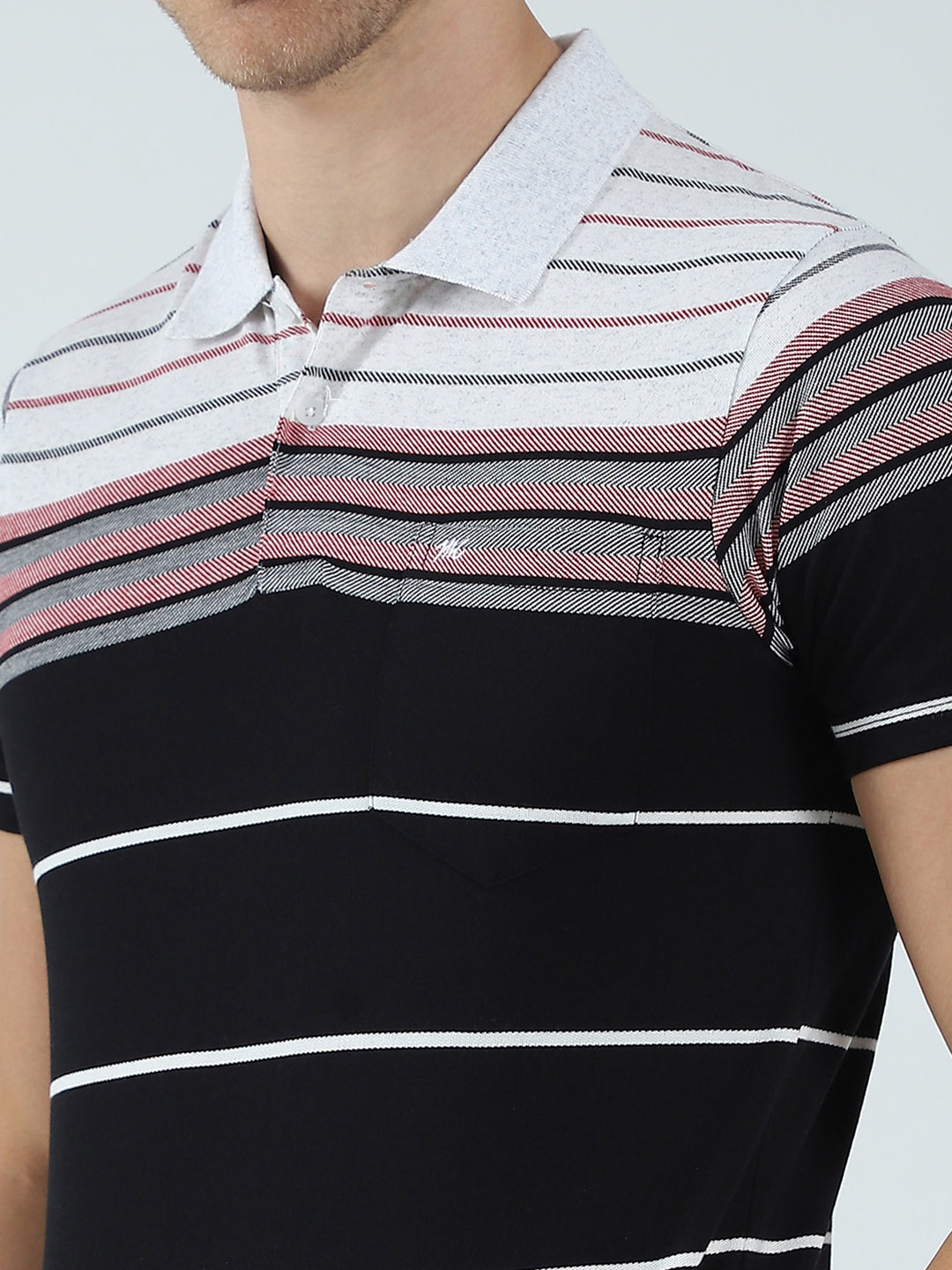 Men Black Stripe Collar Half Sleeve T-Shirt