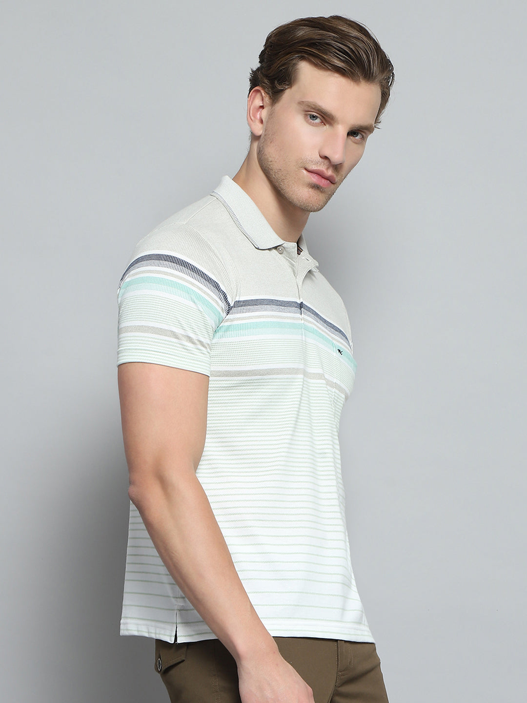 Men Green Stripe Collar Half Sleeve T-Shirt