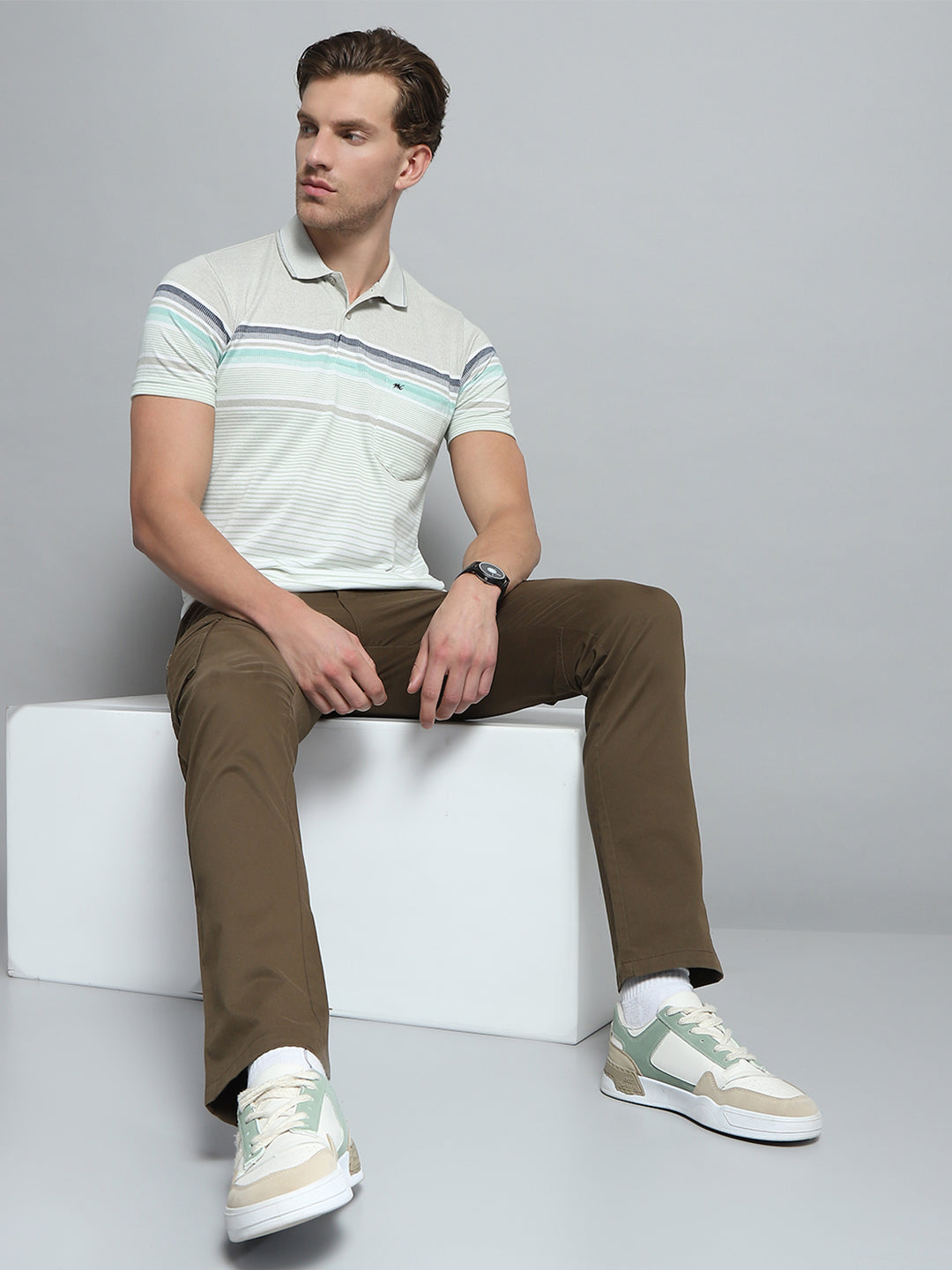 Men Green Stripe Collar Half Sleeve T-Shirt