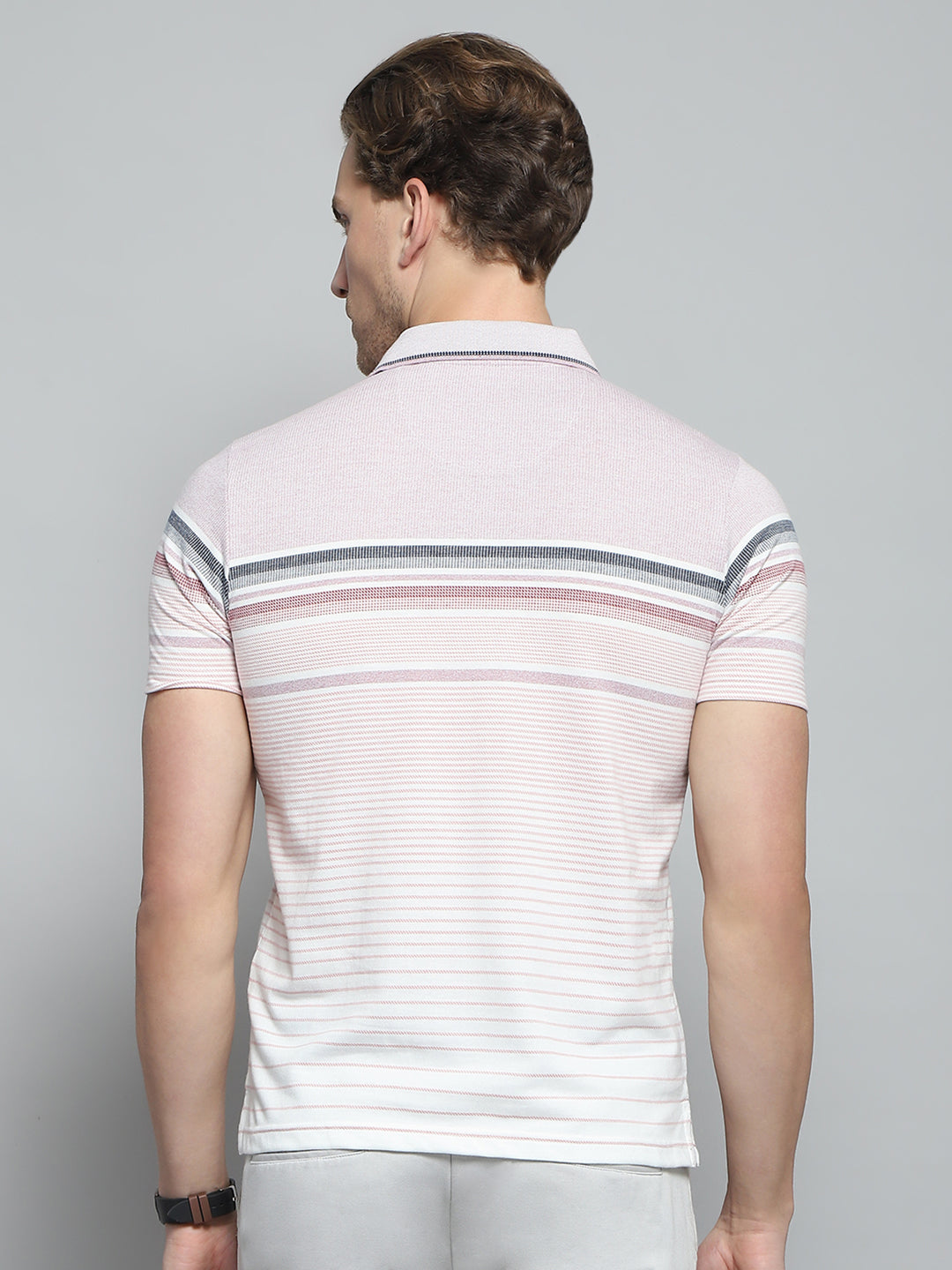 Men Pink Stripe Collar Half Sleeve T-Shirt