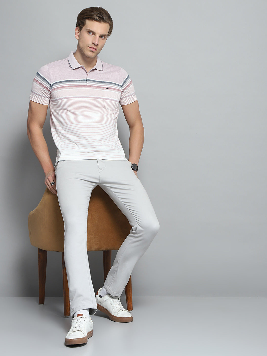 Men Pink Stripe Collar Half Sleeve T-Shirt