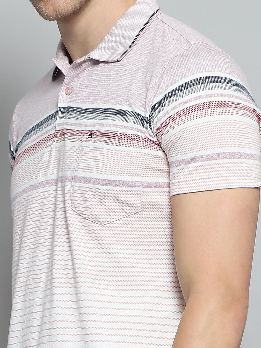 Men Pink Stripe Collar Half Sleeve T-Shirt