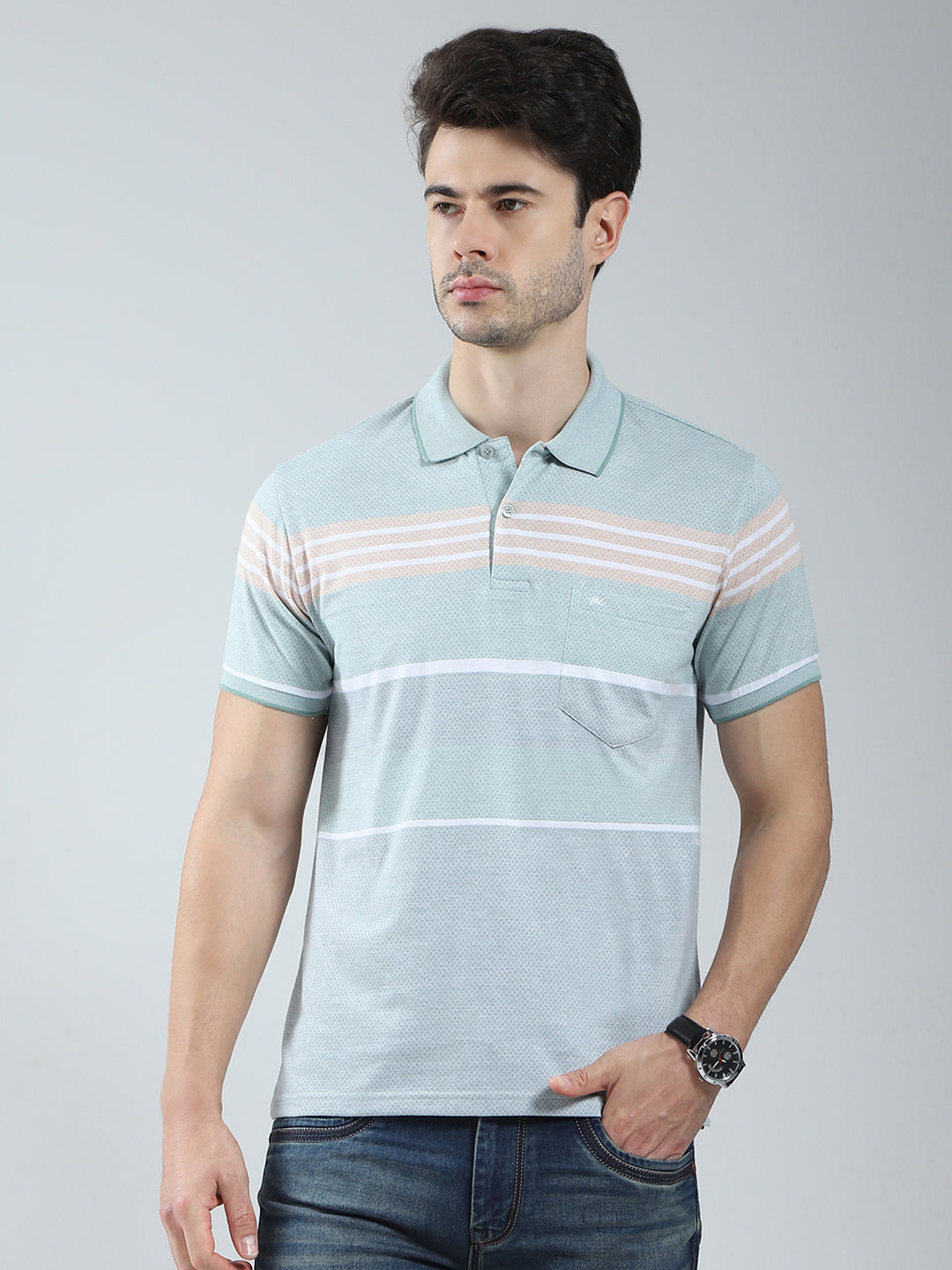 Men Green Stripe Collar Half Sleeve T-Shirt