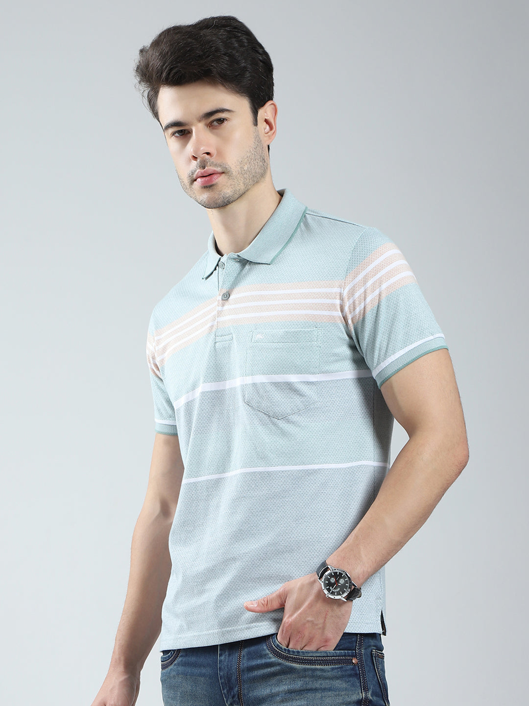 Men Green Stripe Collar Half Sleeve T-Shirt