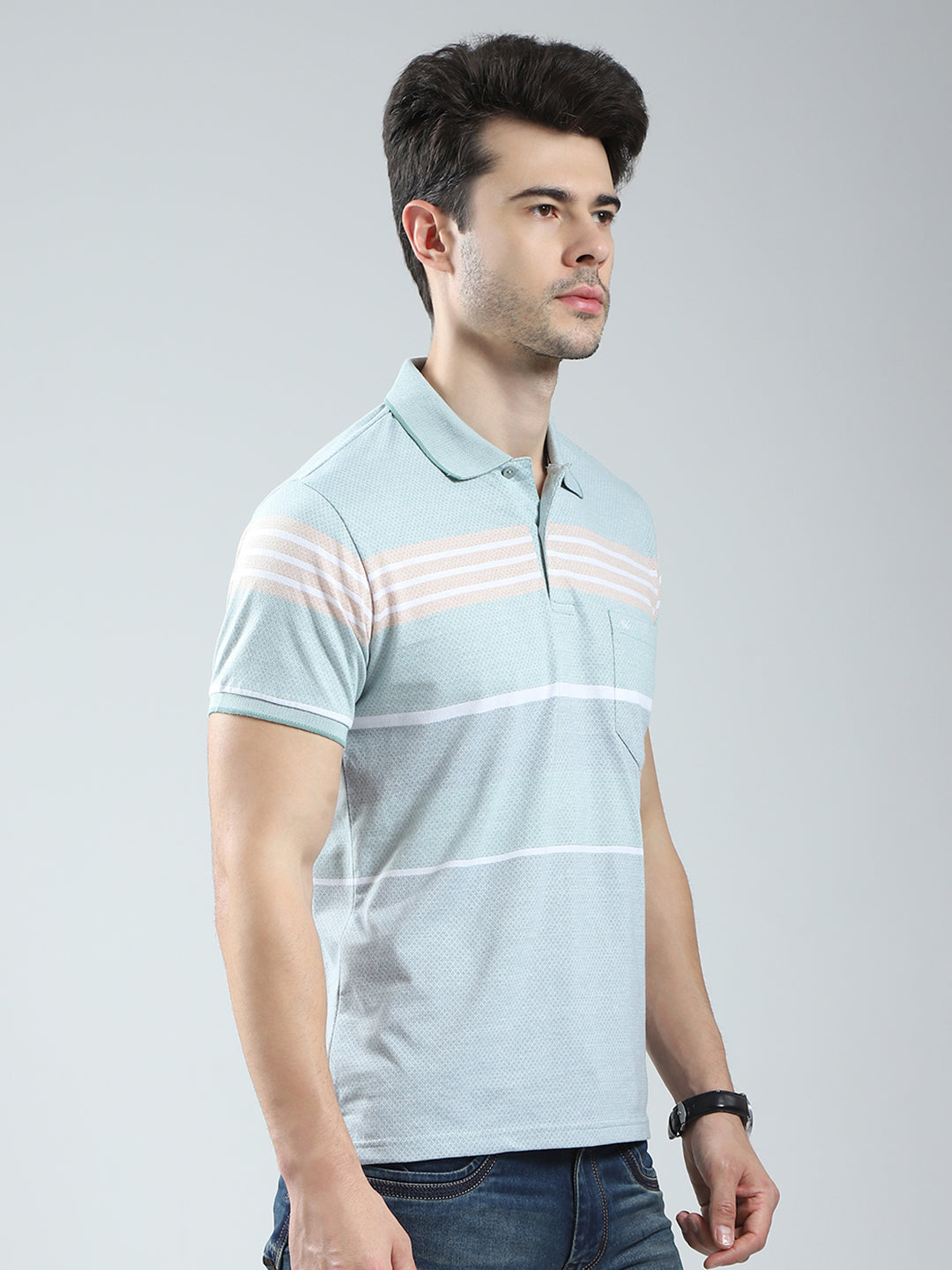 Men Green Stripe Collar Half Sleeve T-Shirt
