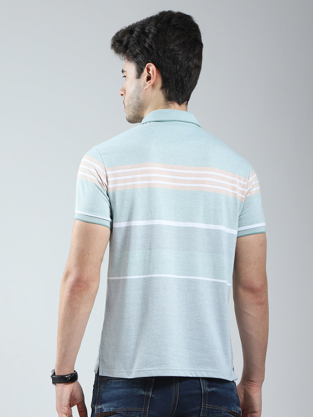 Men Green Stripe Collar Half Sleeve T-Shirt