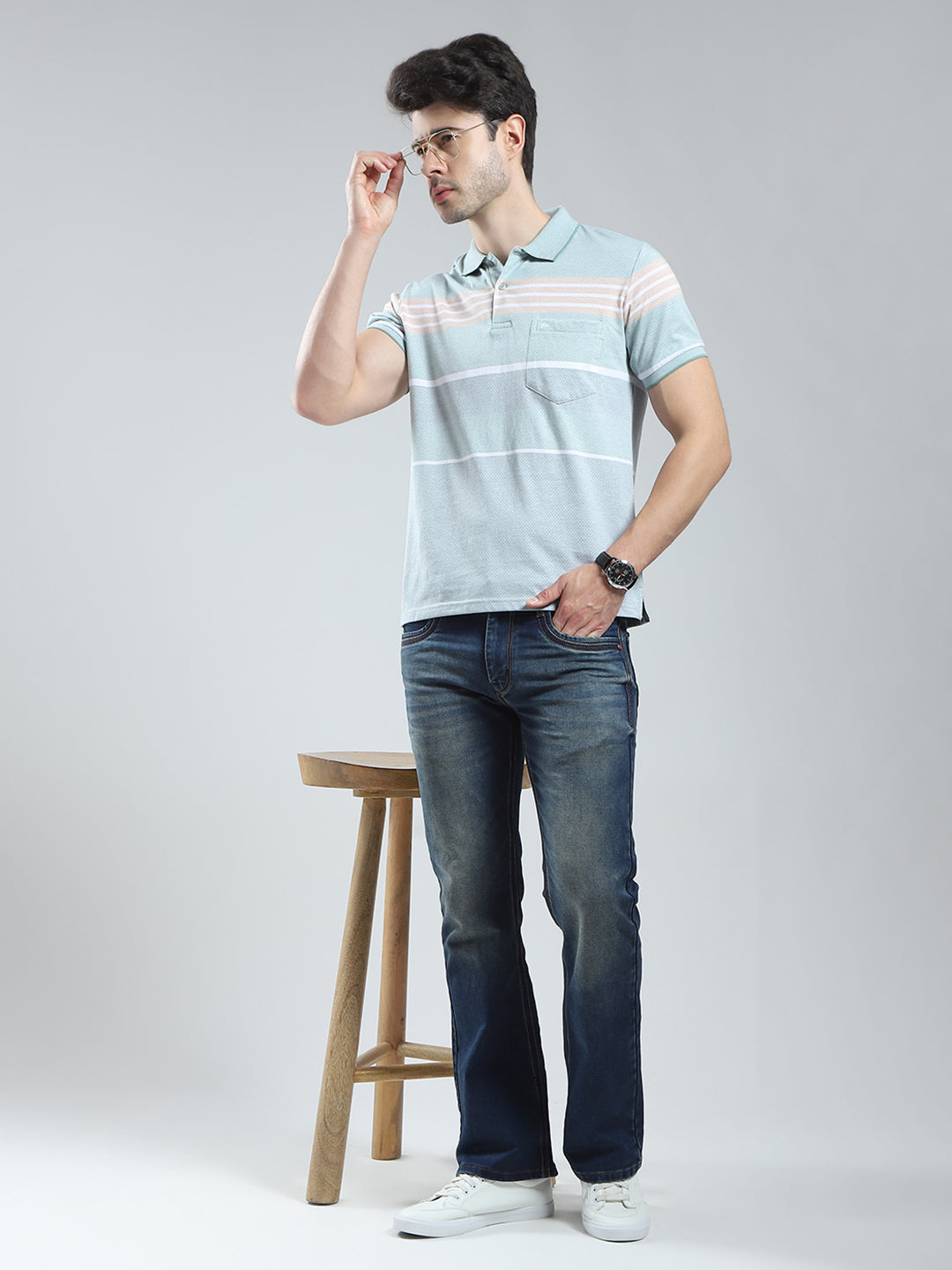 Men Green Stripe Collar Half Sleeve T-Shirt