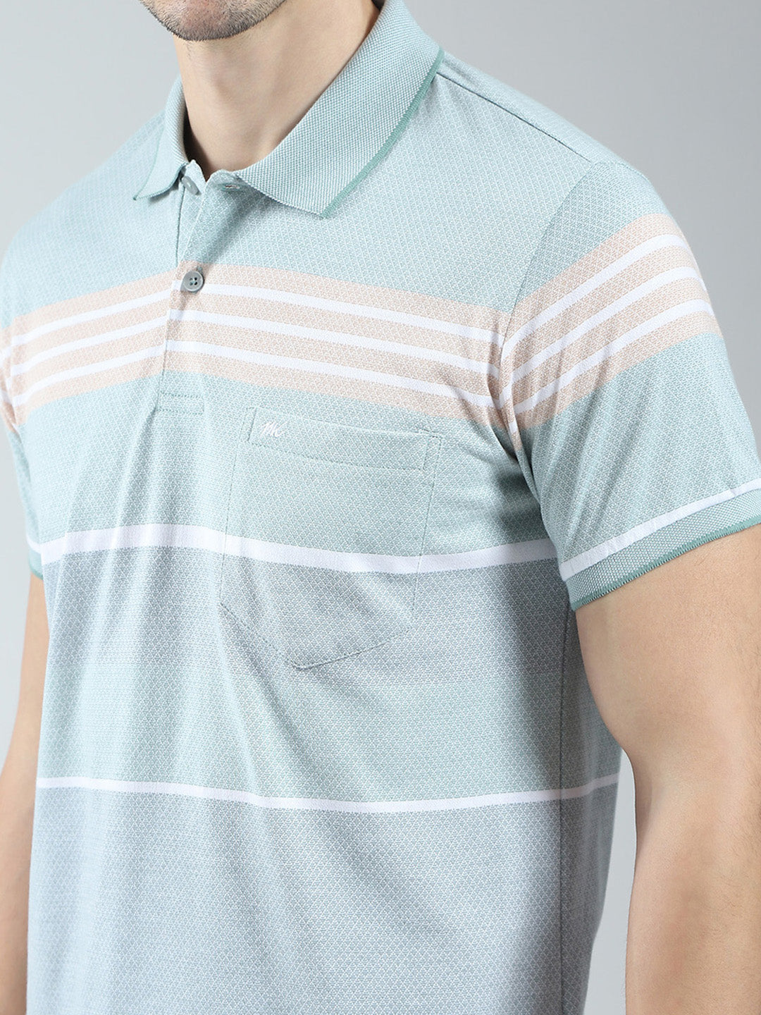 Men Green Stripe Collar Half Sleeve T-Shirt