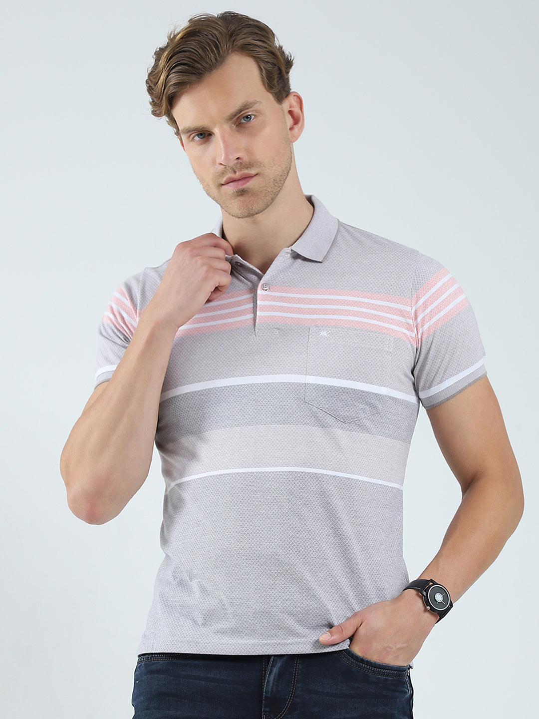 Men Grey Stripe Collar Half Sleeve T-Shirt