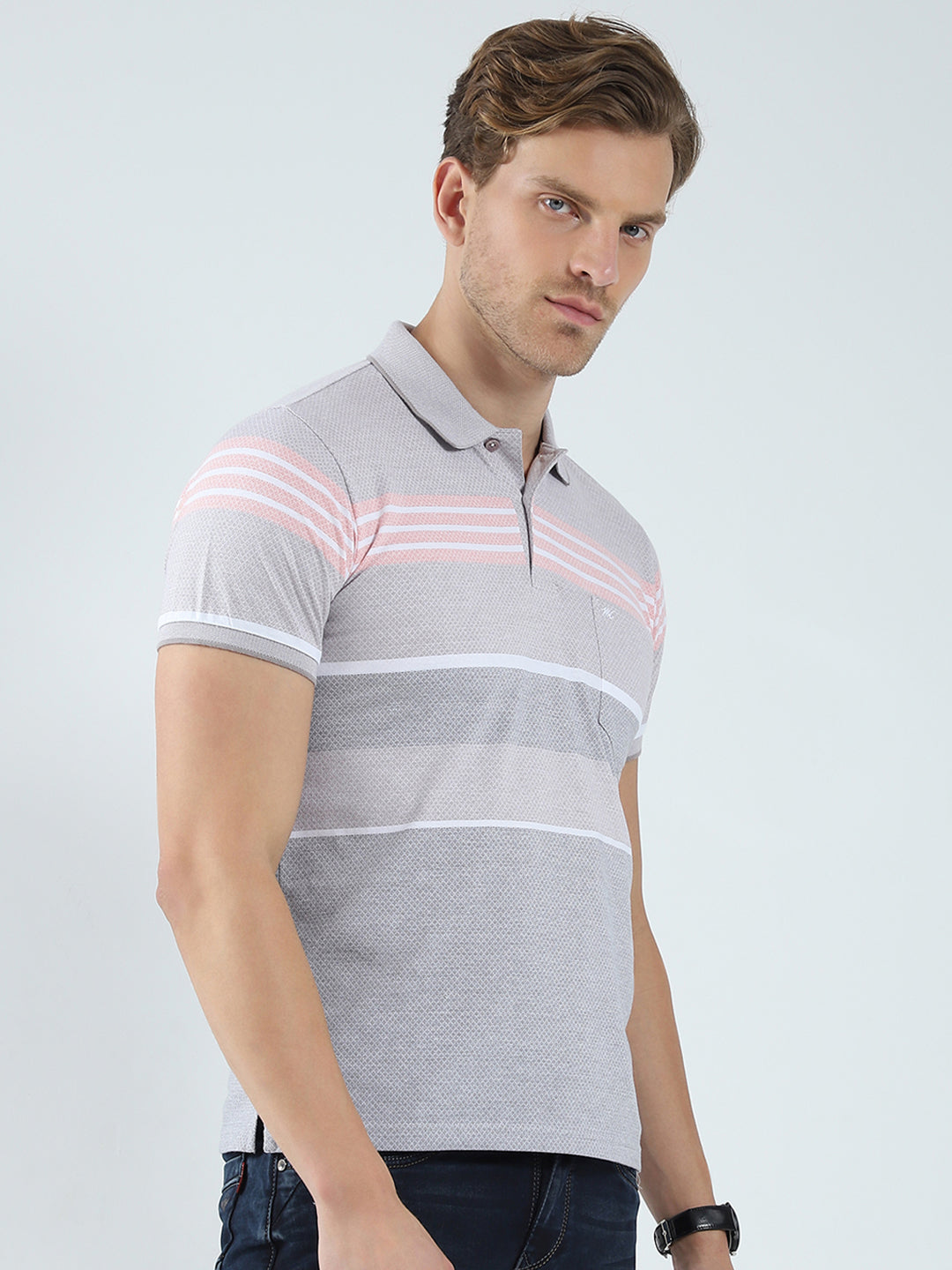 Men Grey Stripe Collar Half Sleeve T-Shirt