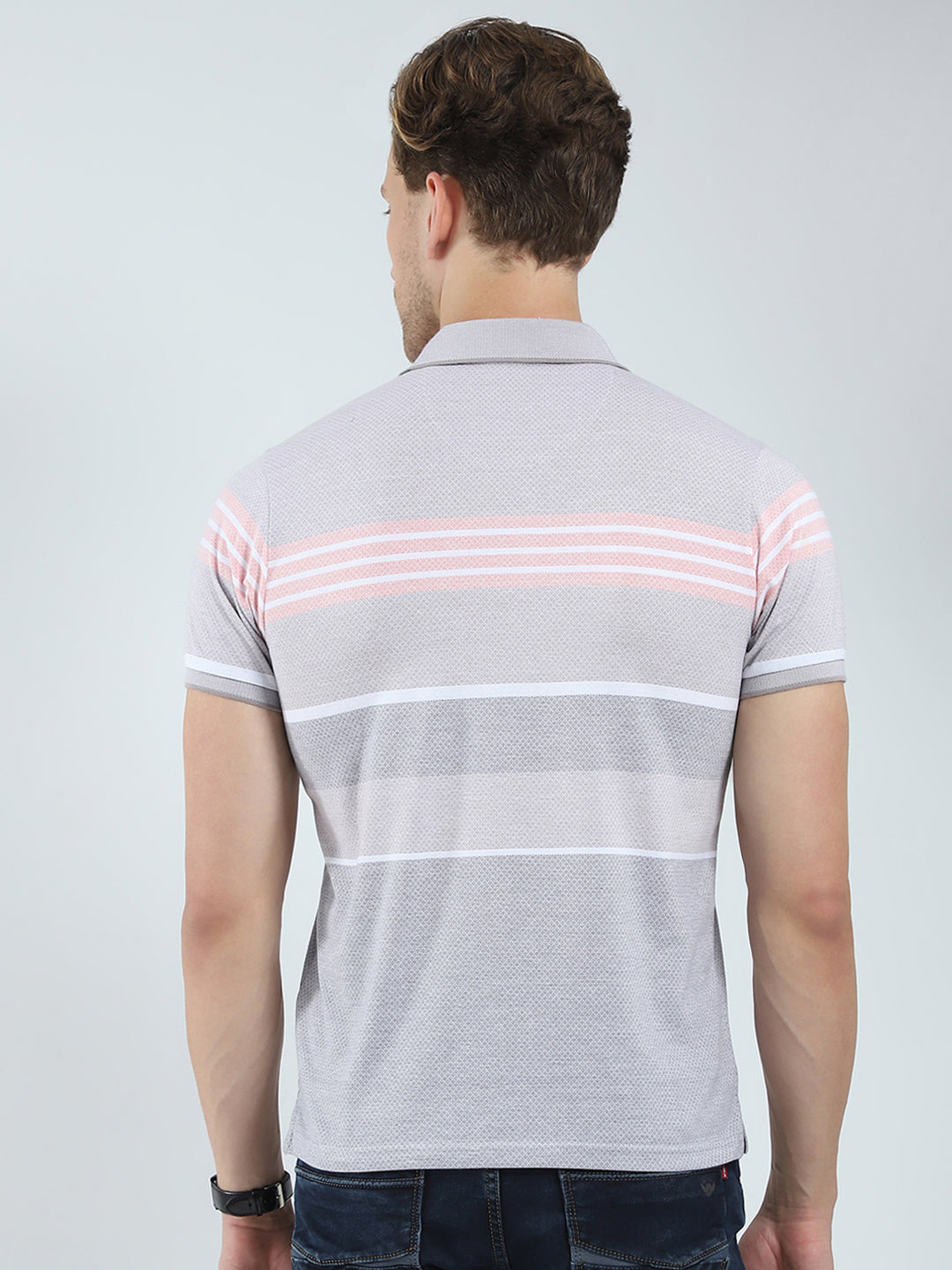 Men Grey Stripe Collar Half Sleeve T-Shirt