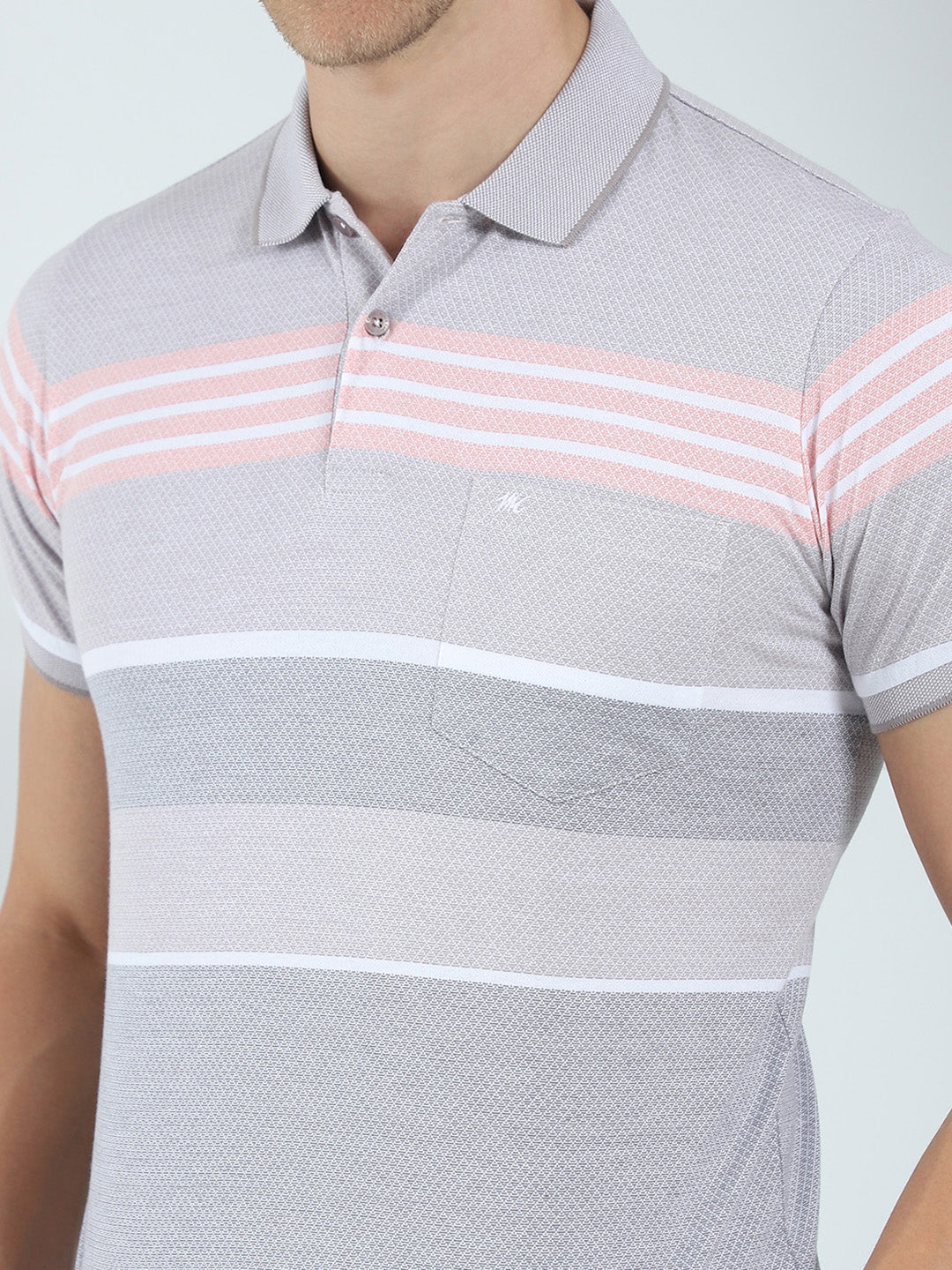 Men Grey Stripe Collar Half Sleeve T-Shirt