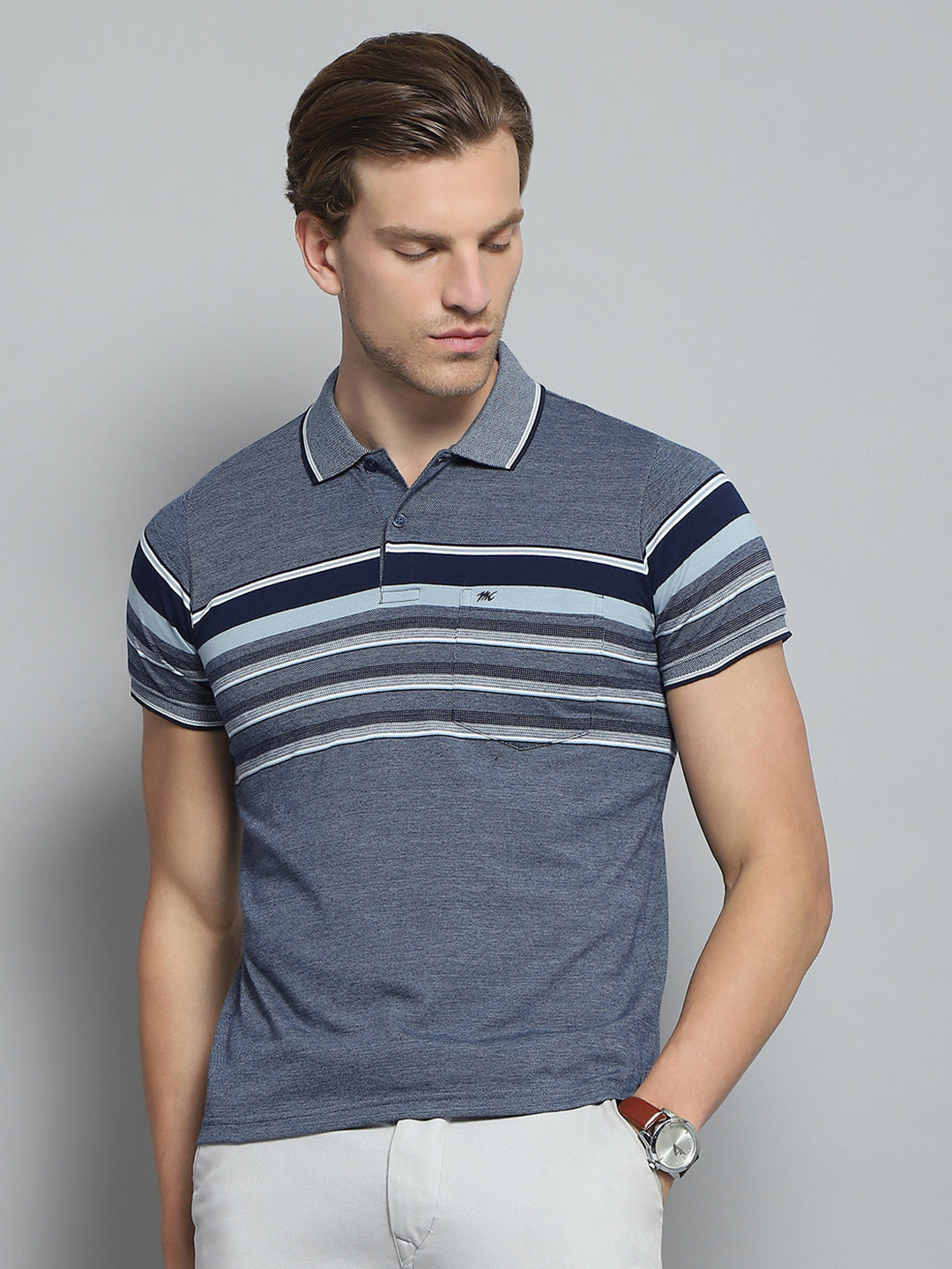 Men Navy Blue Stripe Collar Half Sleeve T-Shirt