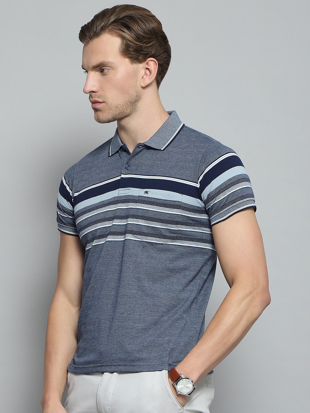 Men Navy Blue Stripe Collar Half Sleeve T-Shirt