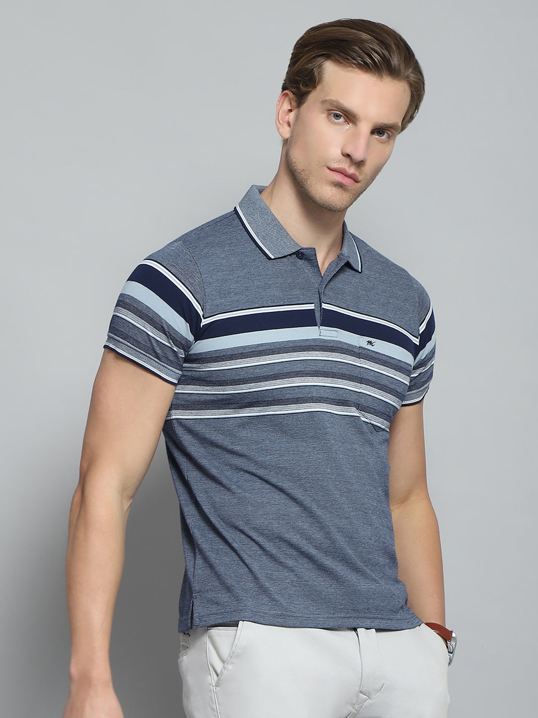 Men Navy Blue Stripe Collar Half Sleeve T-Shirt