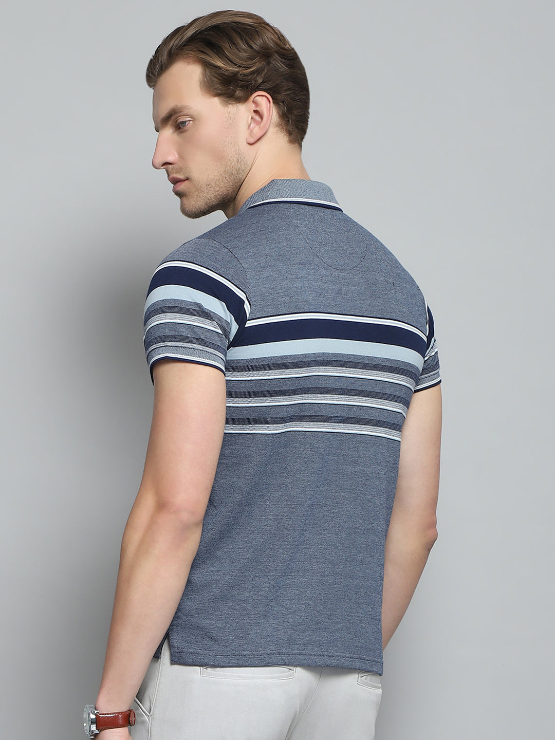 Men Navy Blue Stripe Collar Half Sleeve T-Shirt