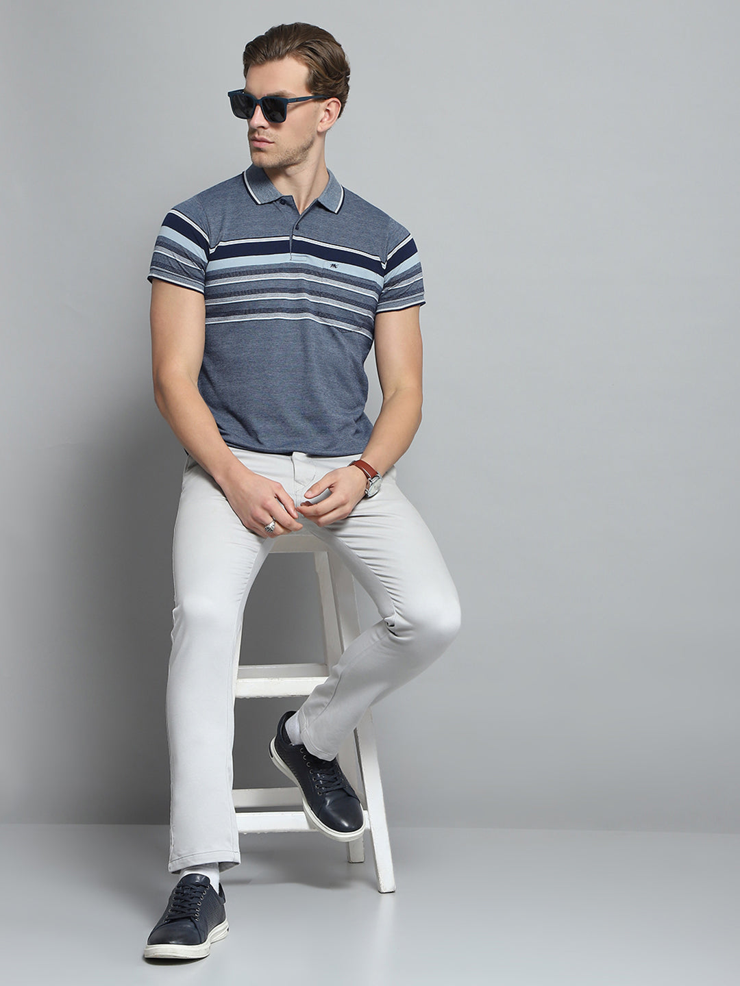 Men Navy Blue Stripe Collar Half Sleeve T-Shirt