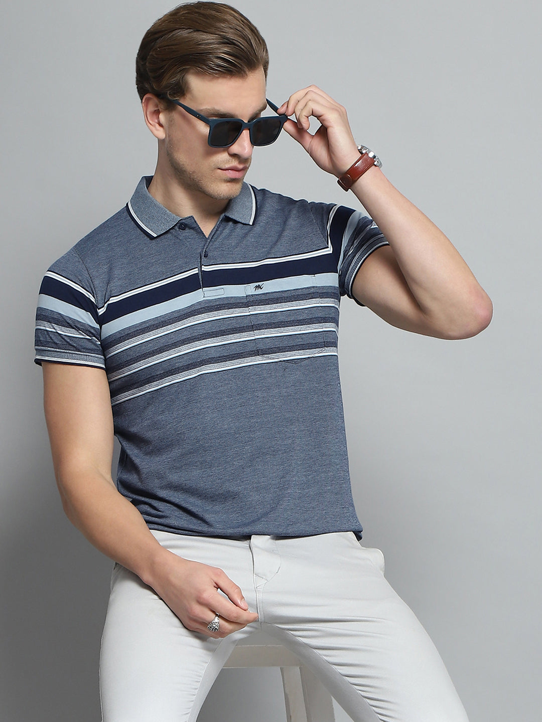 Men Navy Blue Stripe Collar Half Sleeve T-Shirt