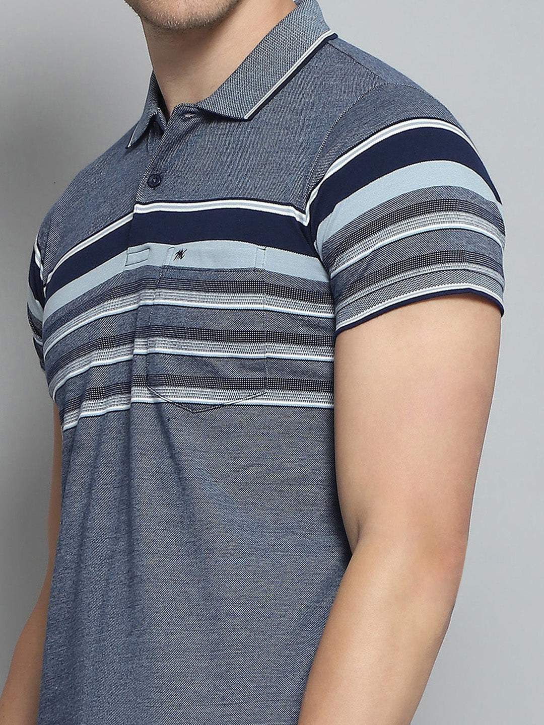 Men Navy Blue Stripe Collar Half Sleeve T-Shirt