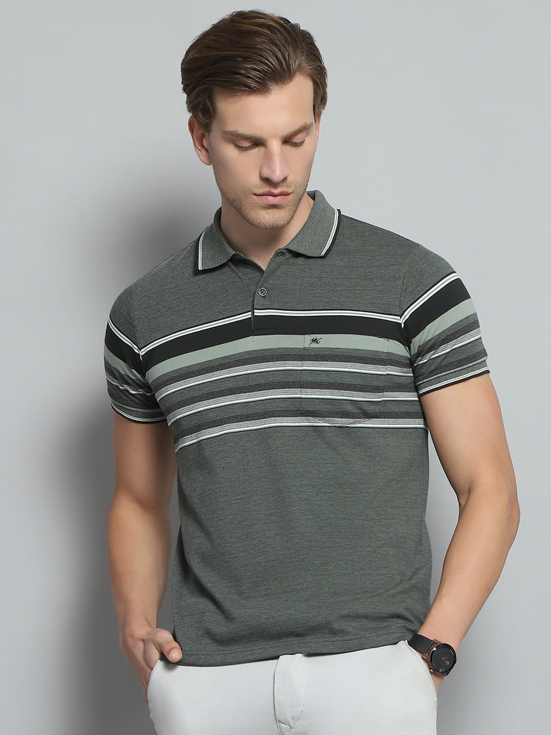 Men Olive Stripe Collar Half Sleeve T-Shirt