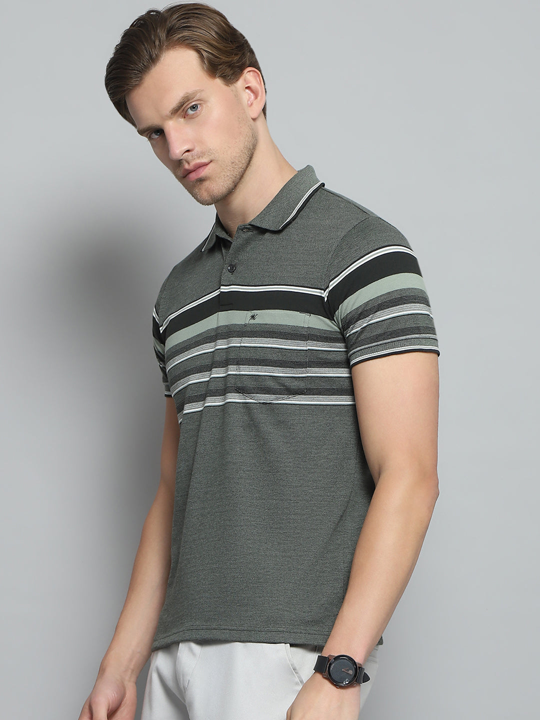 Men Olive Stripe Collar Half Sleeve T-Shirt