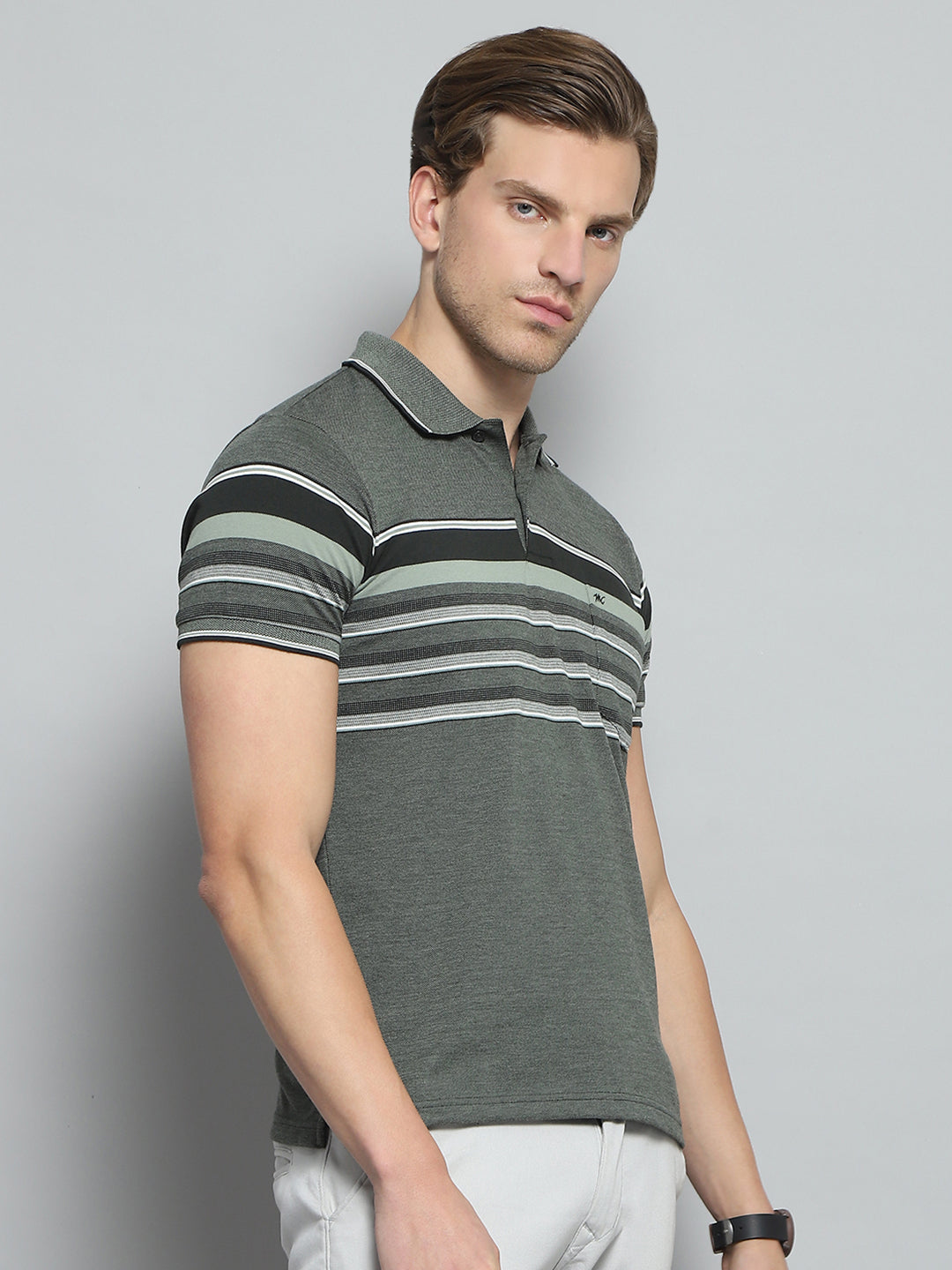 Men Olive Stripe Collar Half Sleeve T-Shirt