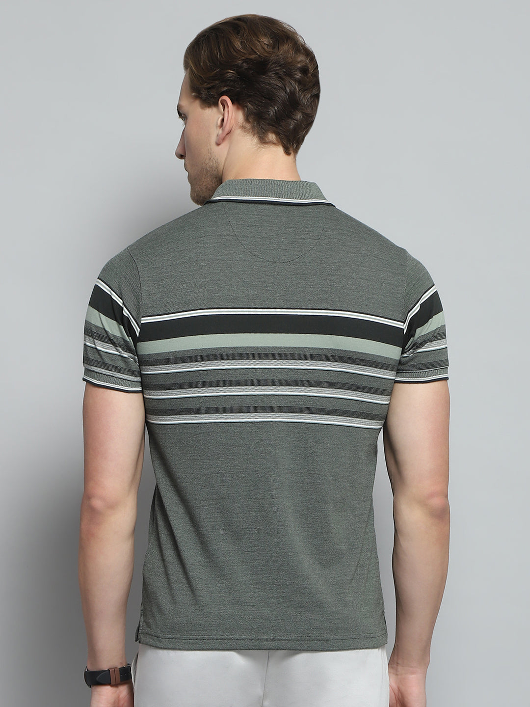 Men Olive Stripe Collar Half Sleeve T-Shirt