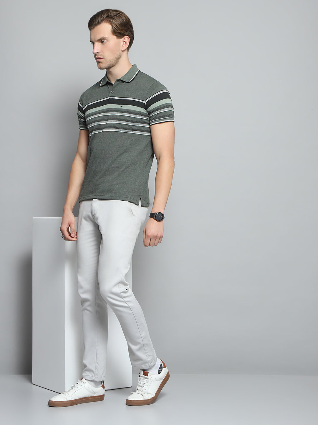 Men Olive Stripe Collar Half Sleeve T-Shirt