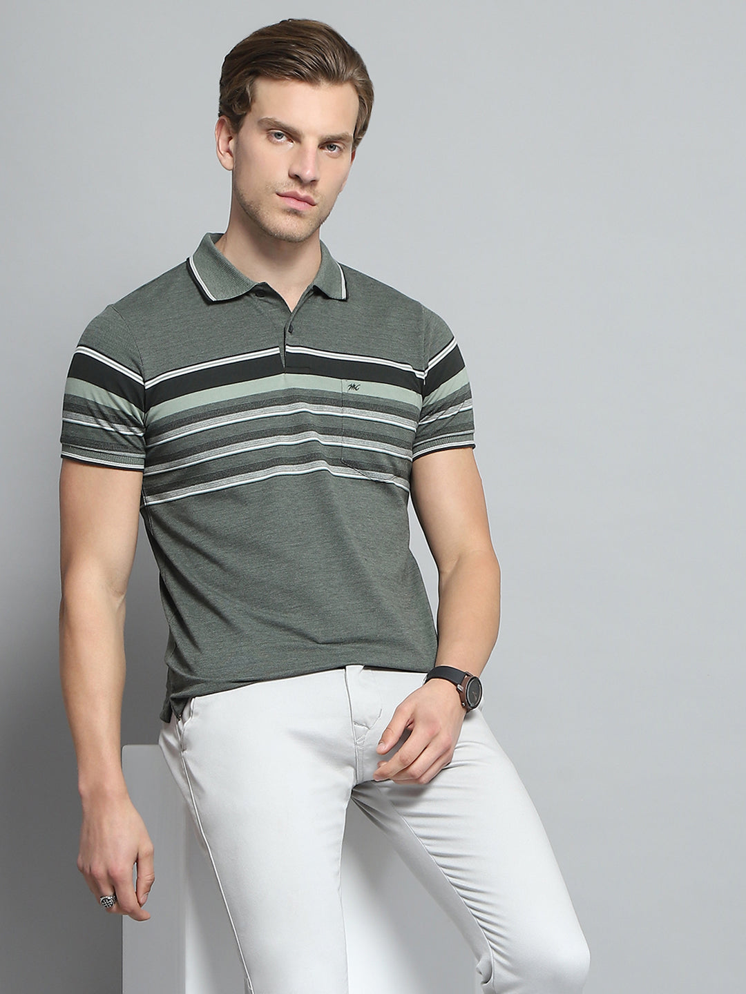 Men Olive Stripe Collar Half Sleeve T-Shirt