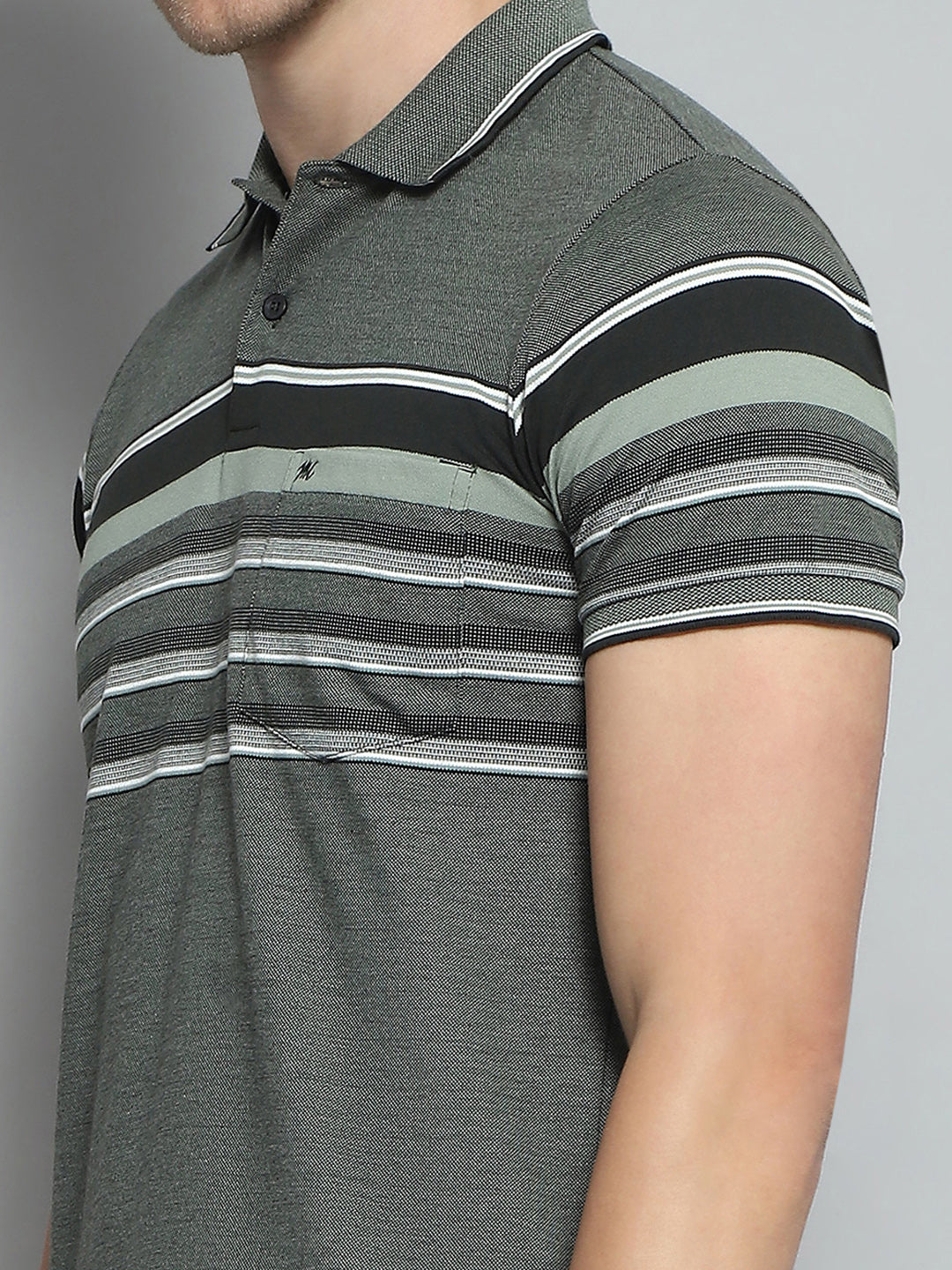 Men Olive Stripe Collar Half Sleeve T-Shirt