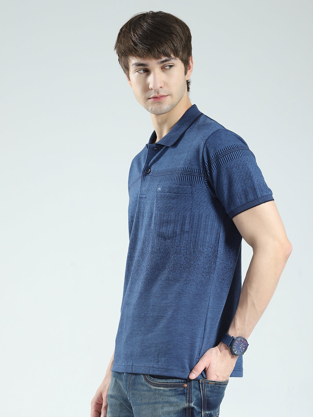 Men Blue Self Design Collar Half Sleeve T-Shirt