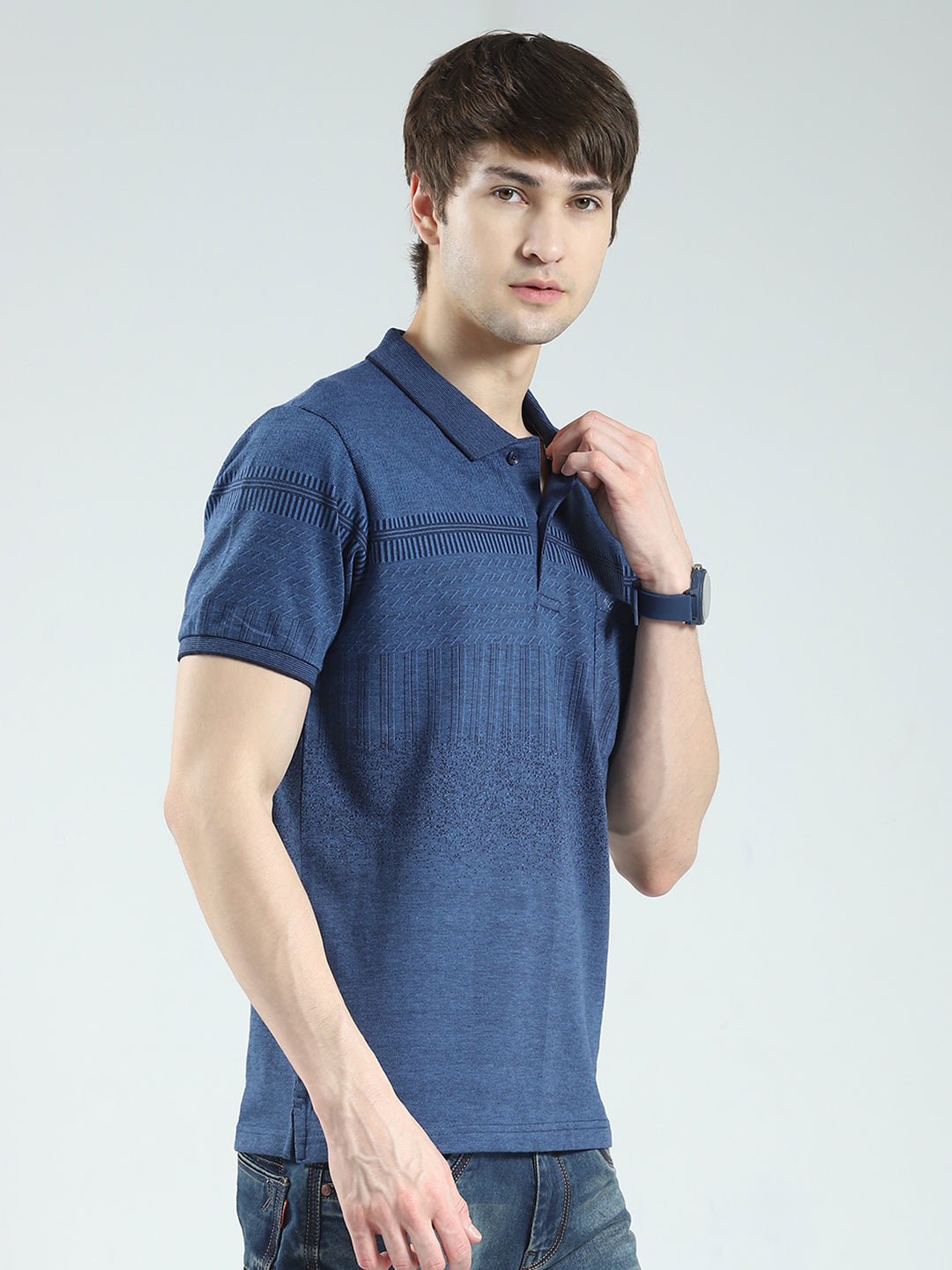 Men Blue Self Design Collar Half Sleeve T-Shirt