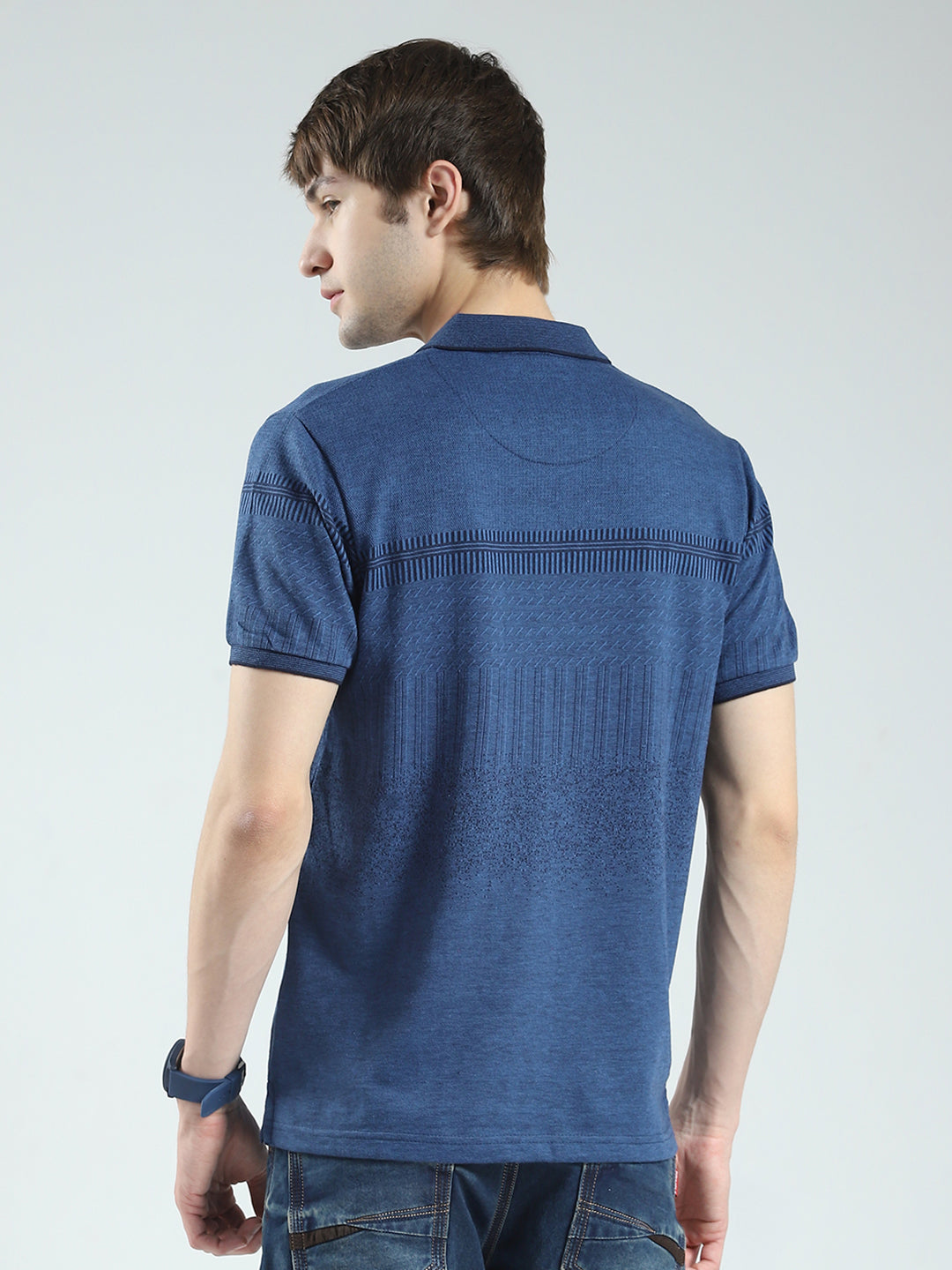 Men Blue Self Design Collar Half Sleeve T-Shirt
