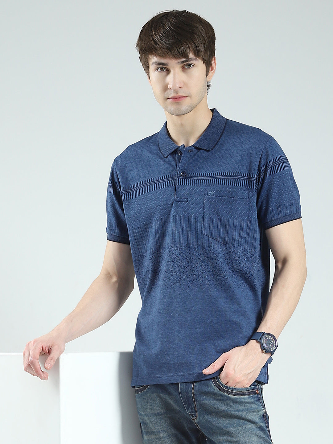 Men Blue Self Design Collar Half Sleeve T-Shirt