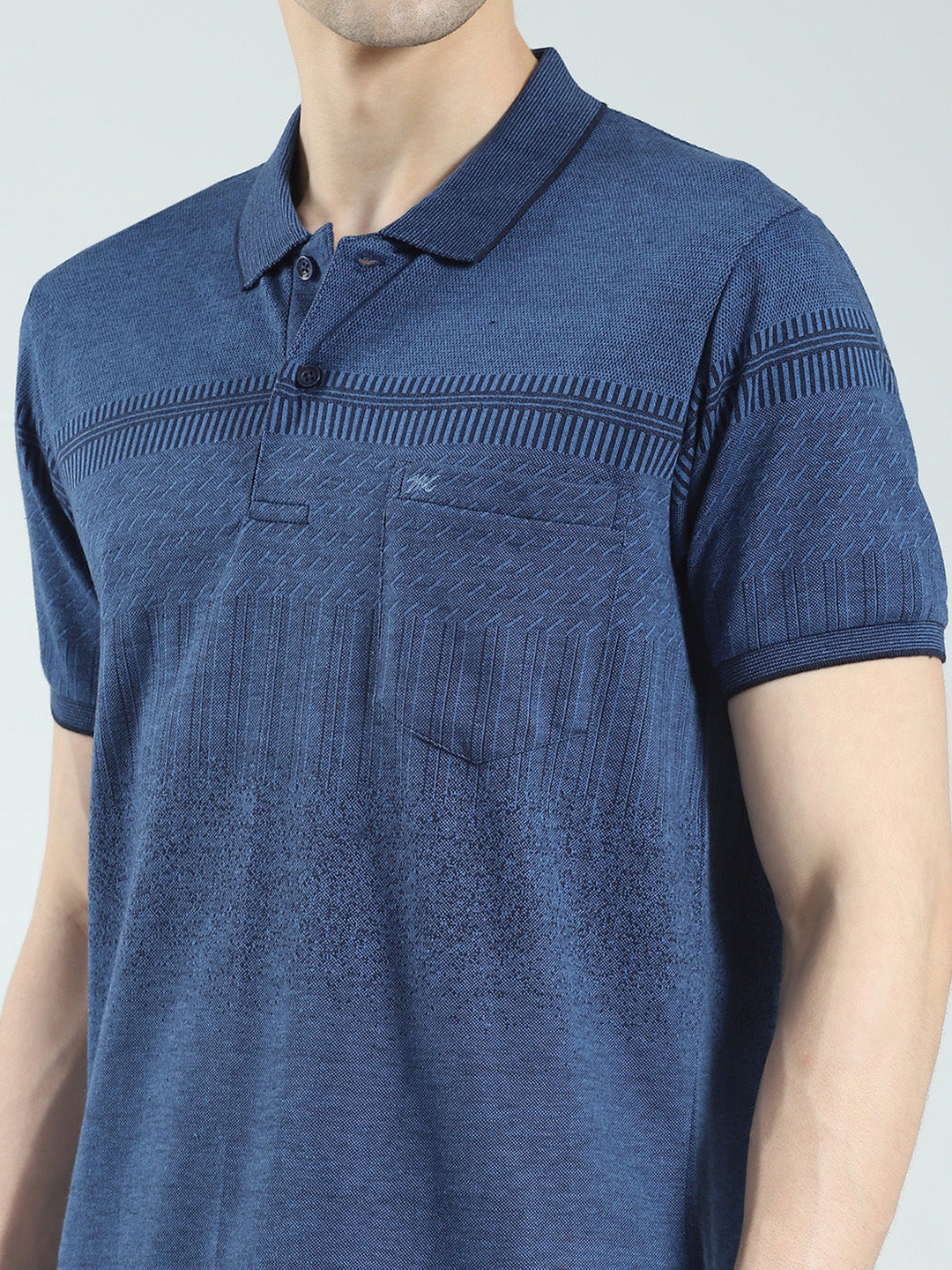 Men Blue Self Design Collar Half Sleeve T-Shirt