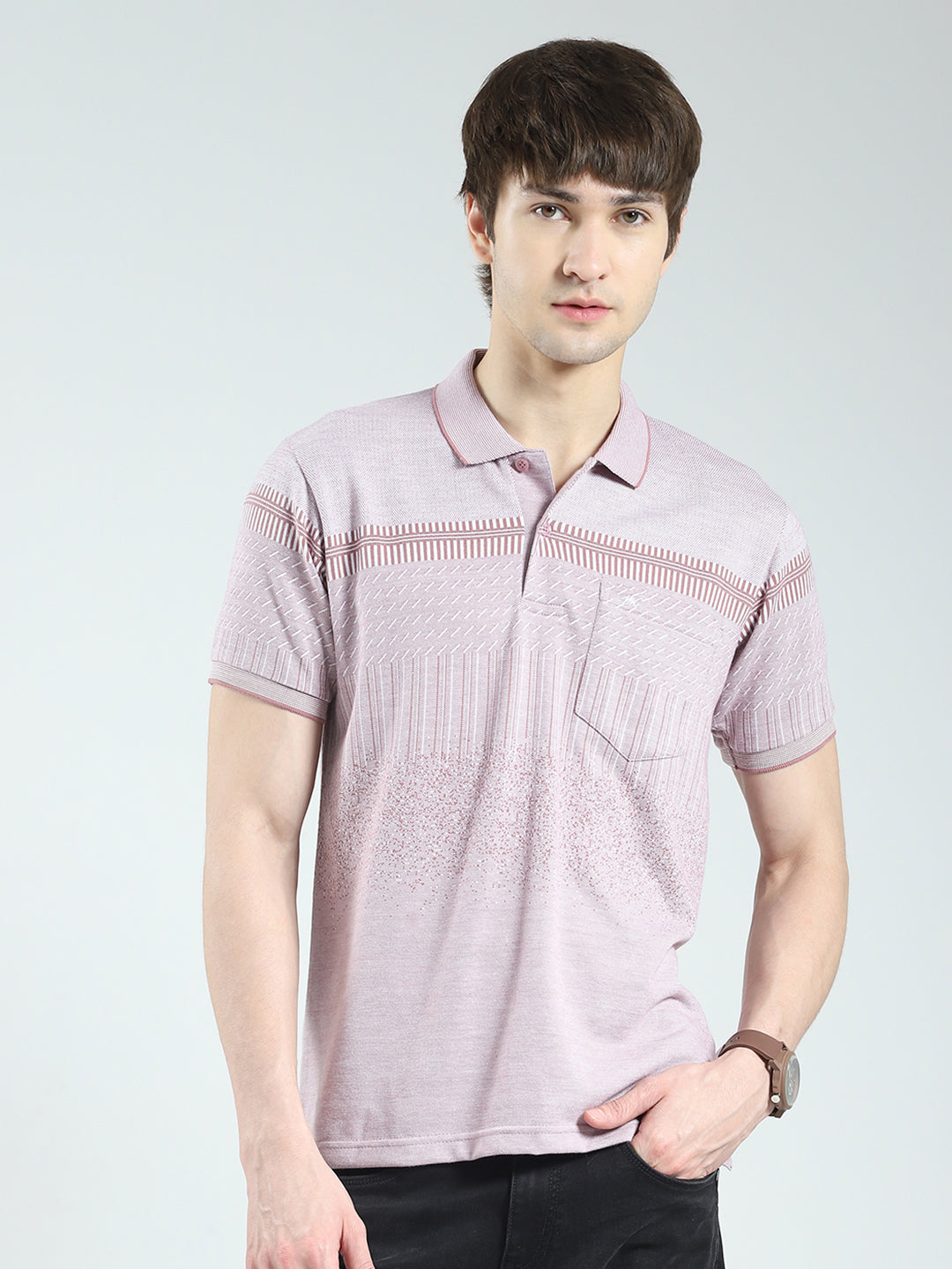 Men Pink Self Design Collar Half Sleeve T-Shirt