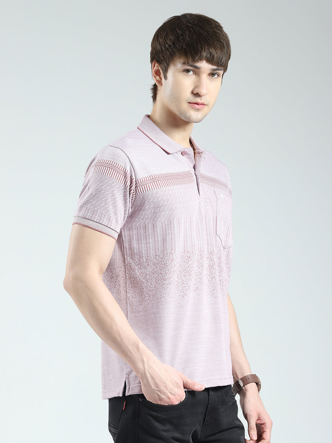 Men Pink Self Design Collar Half Sleeve T-Shirt