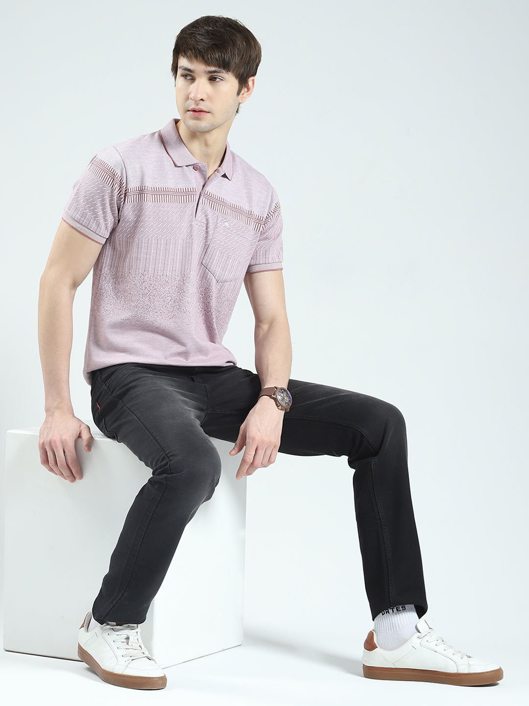 Men Pink Self Design Collar Half Sleeve T-Shirt