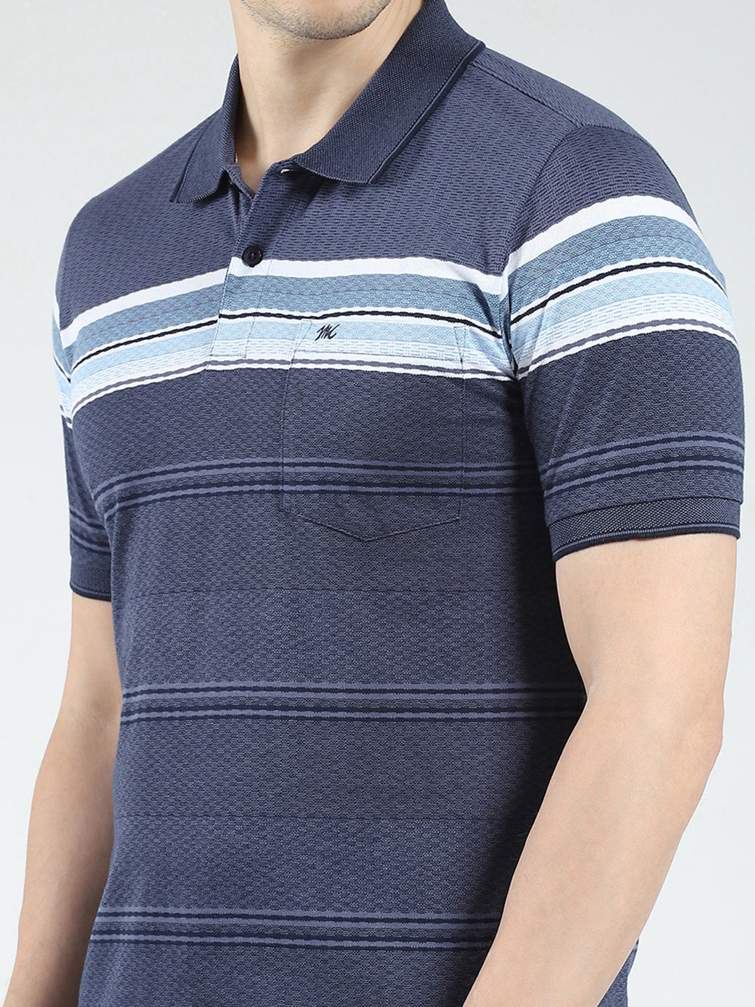 Men Blue Stripe Collar Half Sleeve T-Shirt