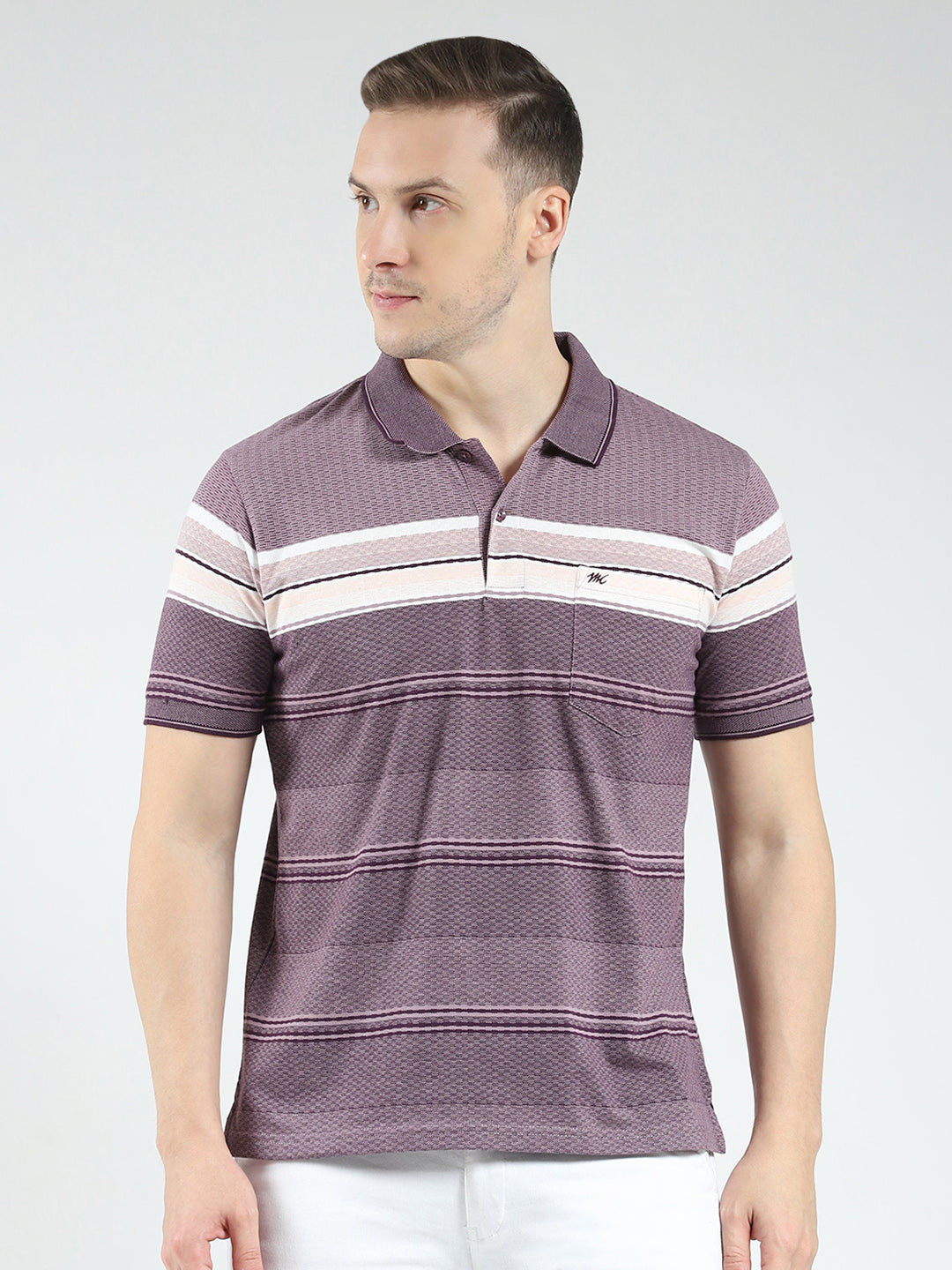 Men Purple Stripe Collar Half Sleeve T-Shirt