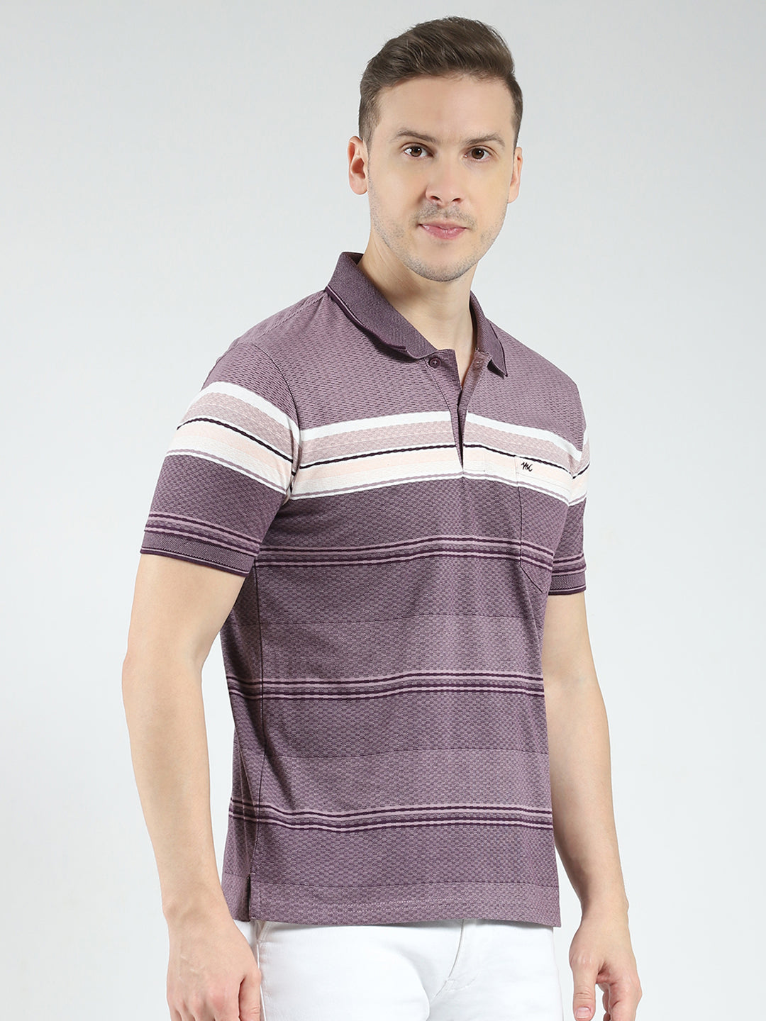 Men Purple Stripe Collar Half Sleeve T-Shirt