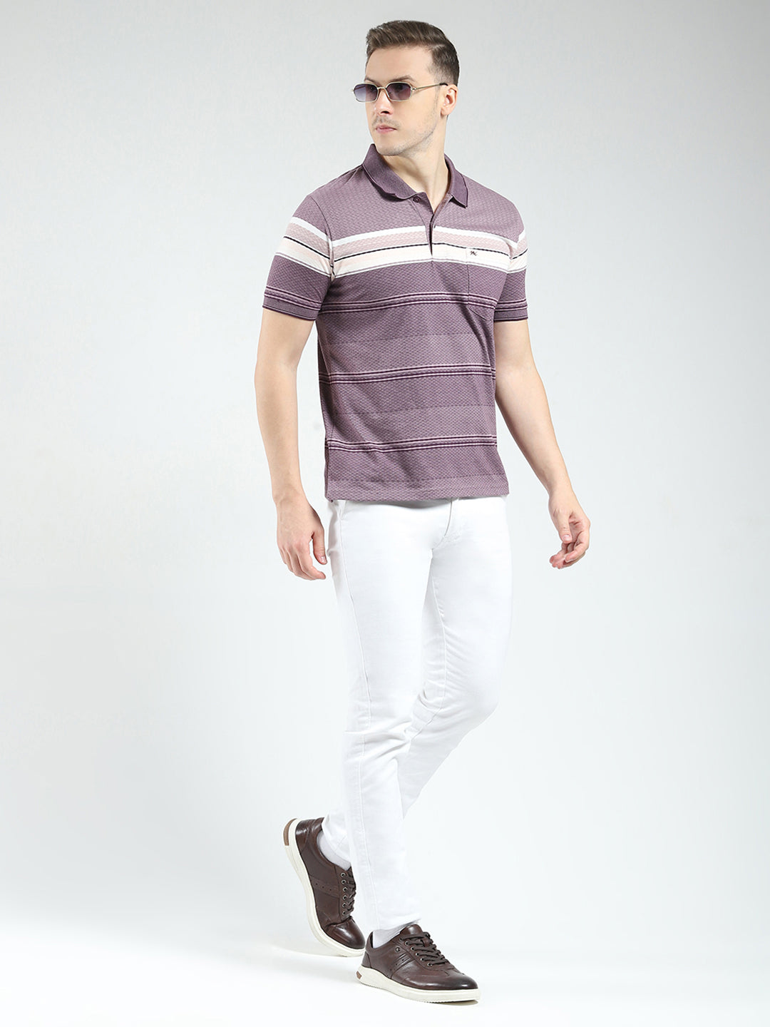 Men Purple Stripe Collar Half Sleeve T-Shirt