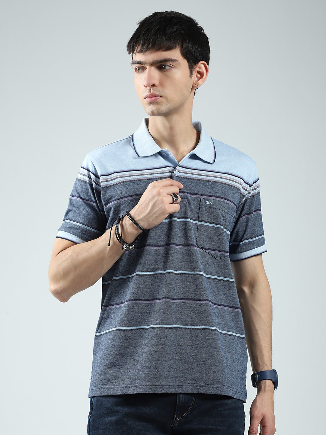 Men Blue Stripe Collar Half Sleeve T-Shirt