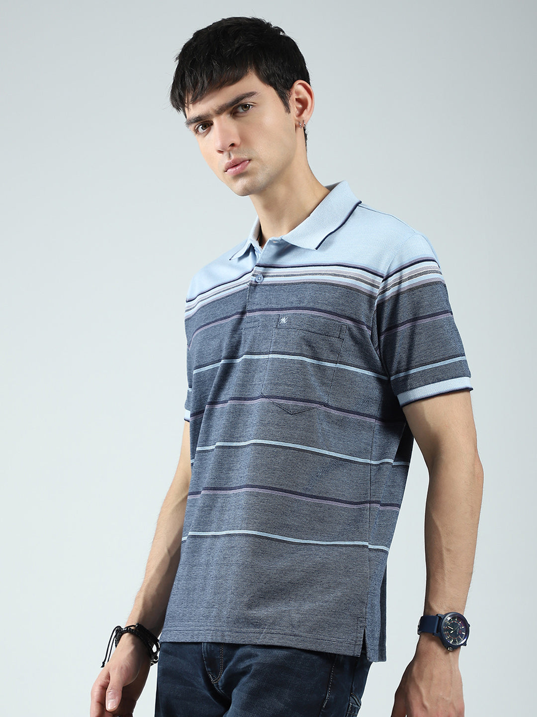 Men Blue Stripe Collar Half Sleeve T-Shirt