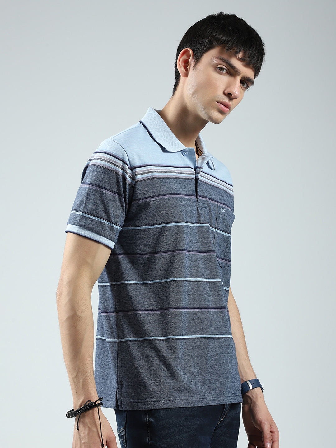 Men Blue Stripe Collar Half Sleeve T-Shirt